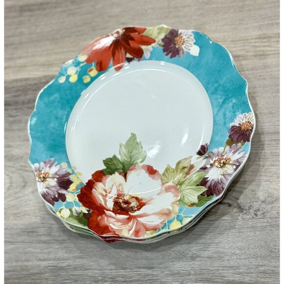 222 Fifth Natural Curiosities Dinner Plate Set Of 4 Floral Blue Scalloped Lot 2 - Picture 2 of 9
